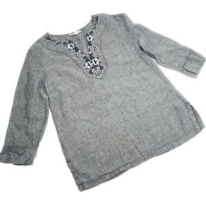 100% linen JM Collection, dark grey embroidered neck
